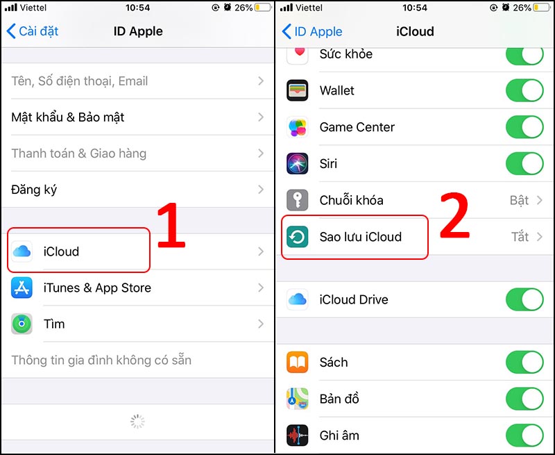 Chọn iCloud > Chọn Sao lưu iCloud.